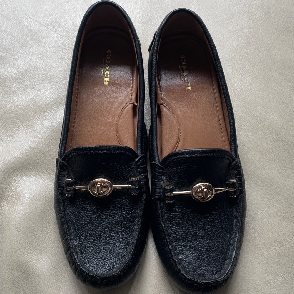 Coach Black Leather Loafers with Gold Detail